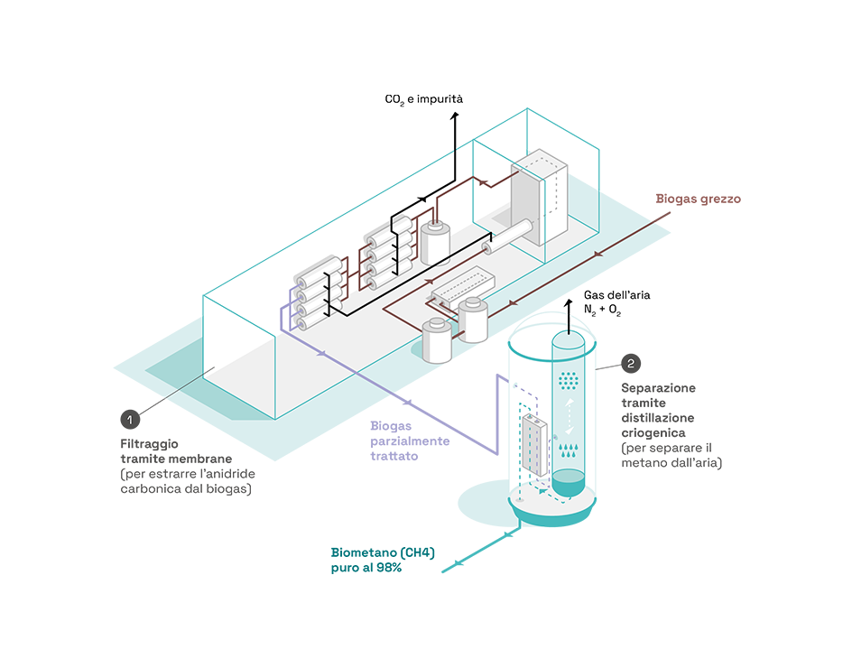 Diagramma che spiega la tecnologia WAGABOX. Il biogas grezzo viene trattato mediante filtrazione a membrana per separare l'anidride carbonica dal metano. Le impurità e la CO2 presenti nel gas vengono espulse dal circuito. Il biogas parzialmente trattato passa poi attraverso il modulo di separazione criogenica, che utilizza l'azoto per separare il metano dai gas dell'aria. I gas dell'aria vengono espulsi dal circuito. Il biometano puro al 98% viene quindi iniettato nella rete di distribuzione del gas.