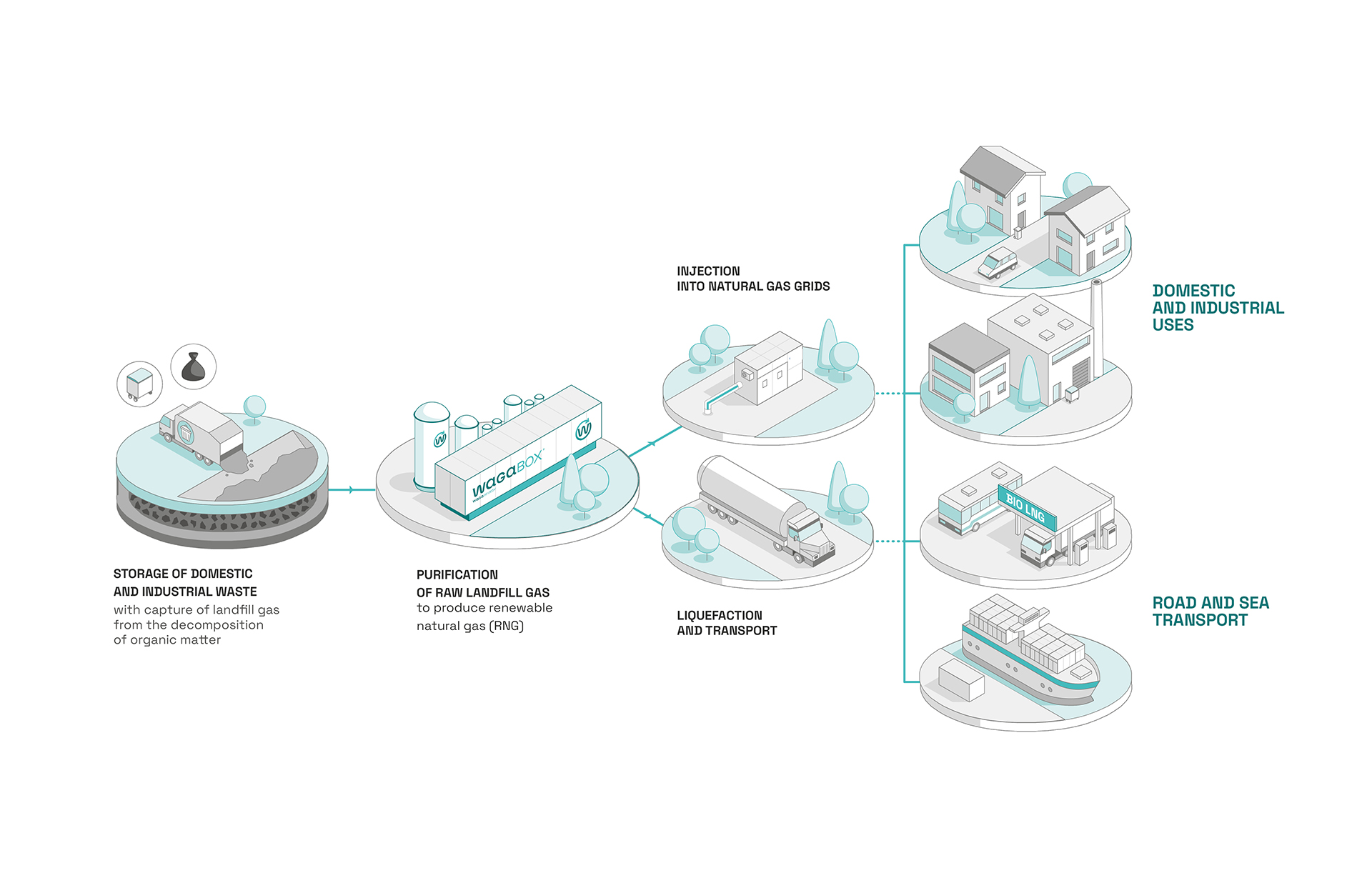 Diagram showing the use of biomethane. Biogas from waste is captured and transformed into biomethane, which is injected directly into the natural gas network or liquefied for transport. Biomethane is used for domestic and industrial purposes, as well as for road and sea transport.