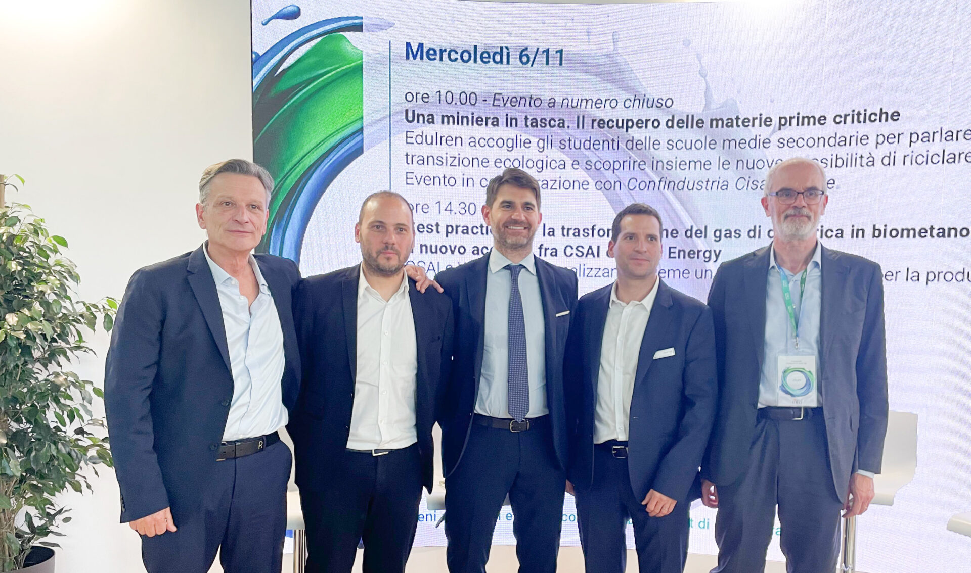 Representatives of IREN, CSAI, and Waga Energy: Marco Buzzichelli, CEO of CSAI - Andrea Fratini, president of CSAI - Andrea Baldini, CEO of Waga Energy Italia - Yann Pierre, commercial director of Waga Energy Group - Eugenio Bertolini, director of IREN ambiente (from left to right)