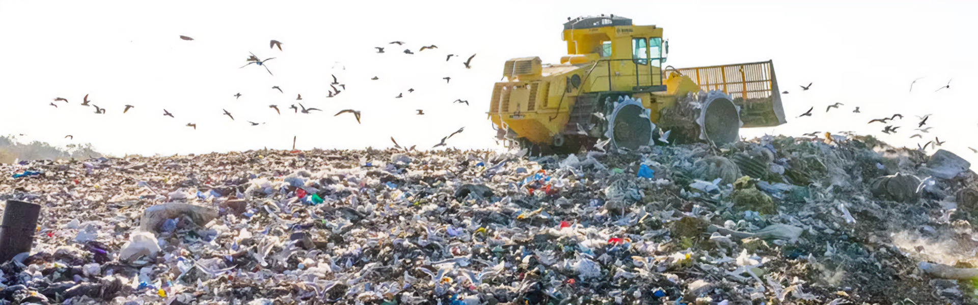 Wide view of an active landfill site covered with mixed household waste. A large yellow landfill compactor is driving over the waste to compress it, while numerous birds fly above the site. The scene shows open‑air waste disposal under daylight conditions with scattered debris across the foreground.