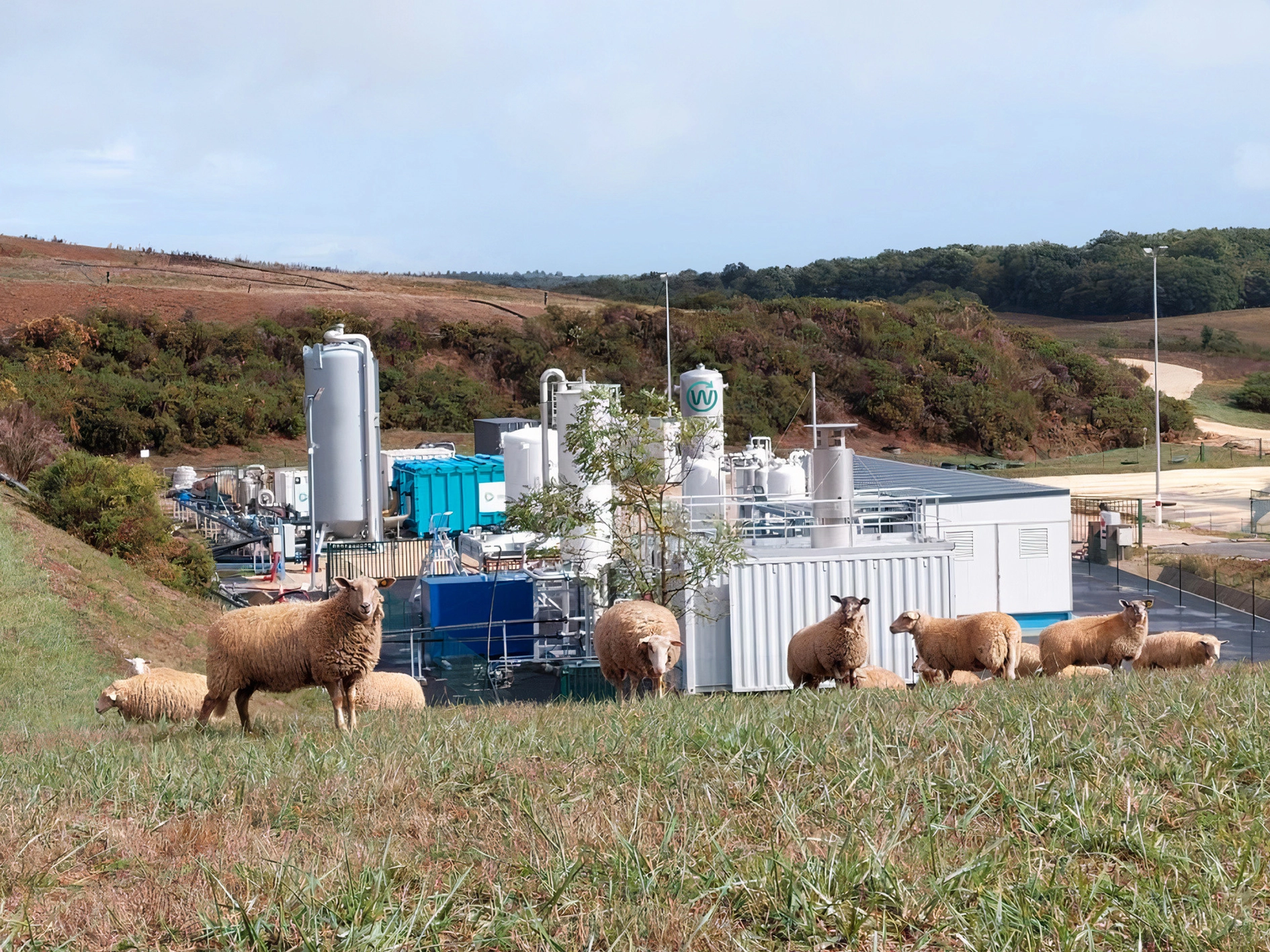 Photograph of an industrial biogas upgrading facility installed in a hilly landscape. Several metallic processing units, tanks, and containers are visible behind a fenced area. A group of grazing sheep stands in the grassy foreground, illustrating the coexistence of renewable energy infrastructure and agricultural land use under clear daylight conditions.