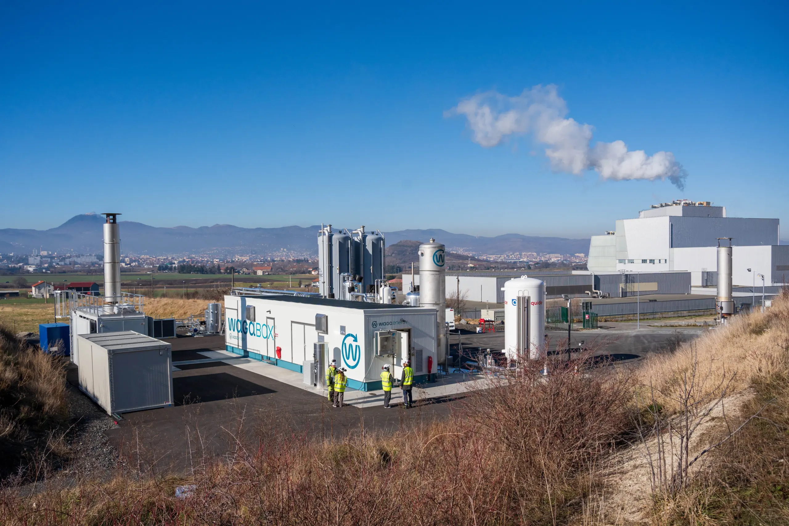 WAGABOX® unit Valtom WAGABOX® renewable natural gas production unit at Valtom site in Clermont-Ferrand, showing industrial equipment and gas upgrading installation within landfill environment.